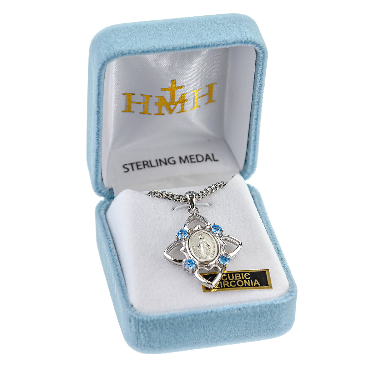 Sterling Miraculous medal with 4 Hearts and Blue CZ- stones