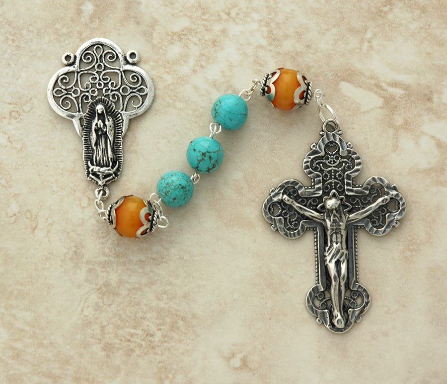 Sterling Silver Genuine Amber & Turquoise Rosary