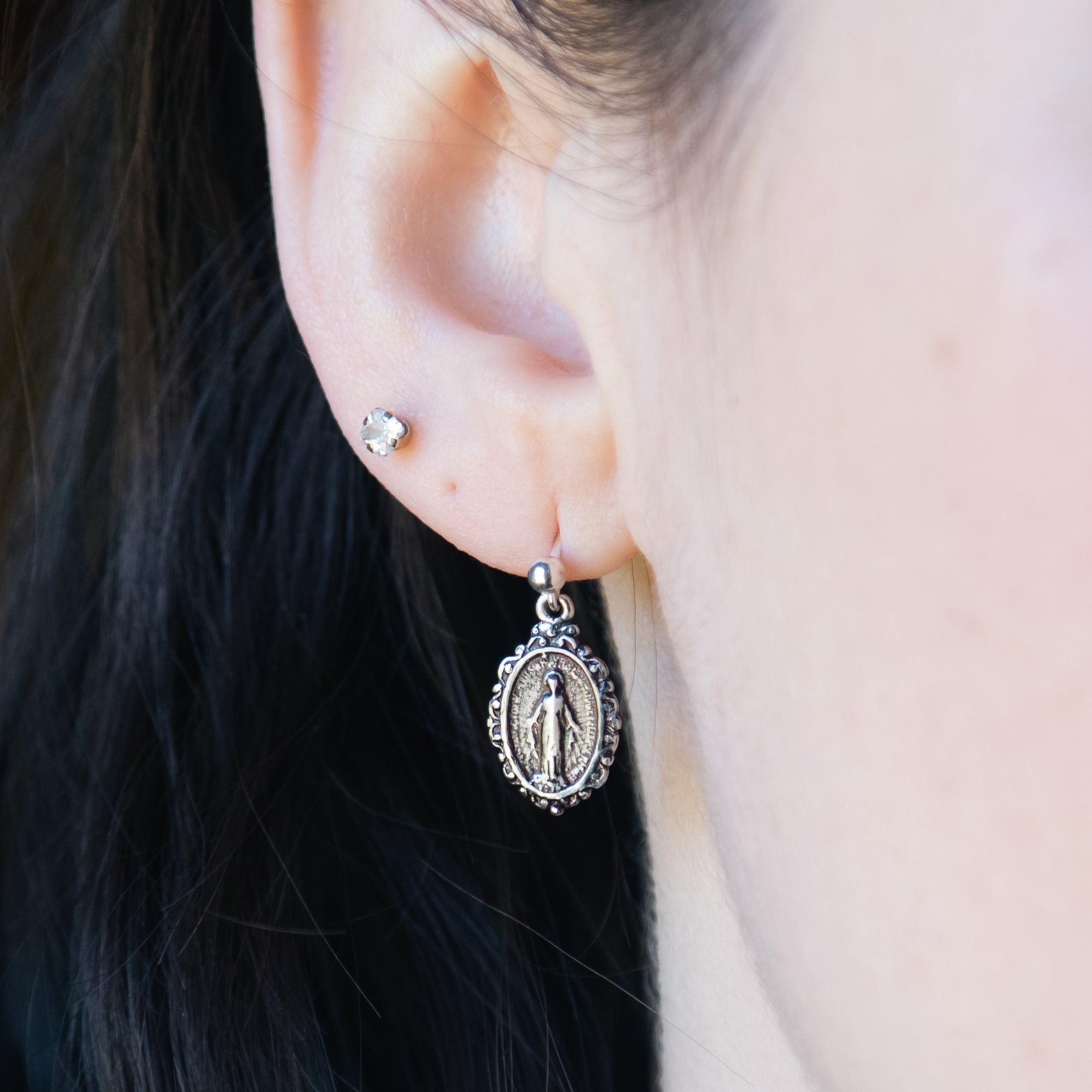 Sterling Miraculous Medal Dangle Earrings