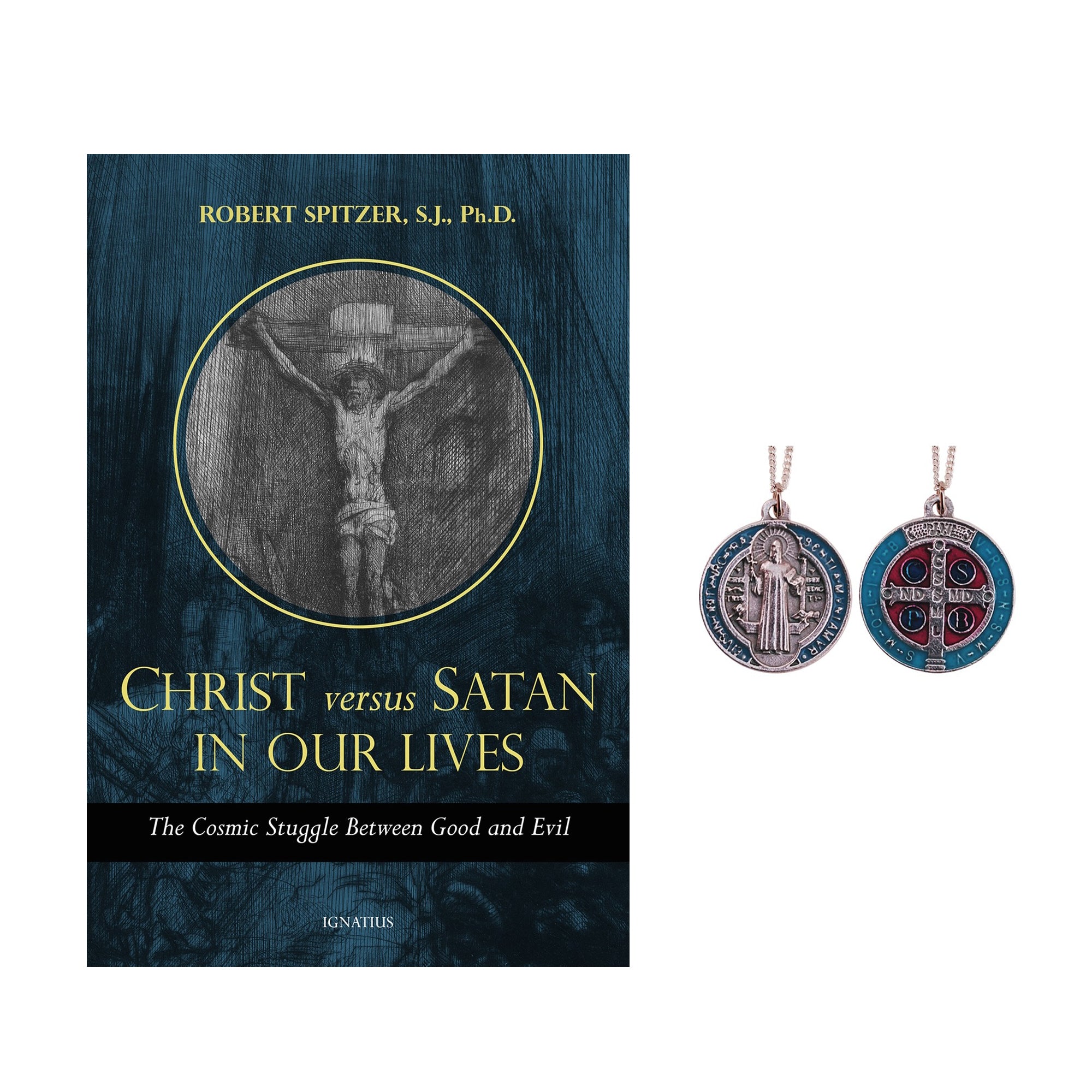 Christ Versus Satan in Our Daily Lives & St. Benedict Blue, Red, and Silver Medal on Chain (Gift Set)