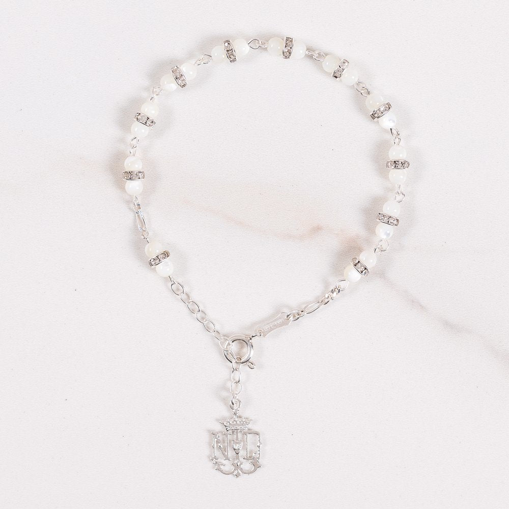 Mother of Pearl & Sterling Silver Notre Dame Rosary Bracelet