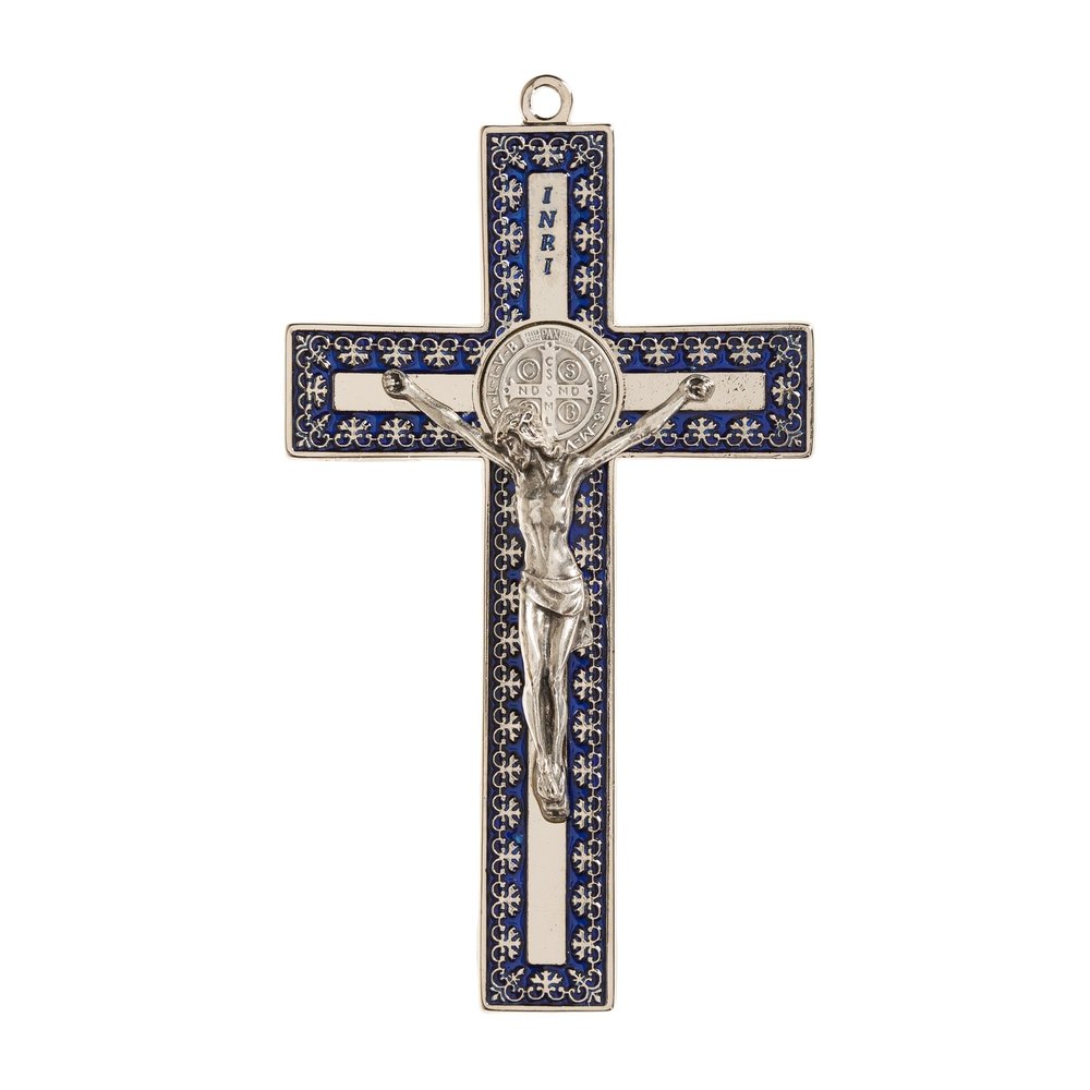 Silver St. Benedict Crucifix with Blue Enamel Accent - 4.7"