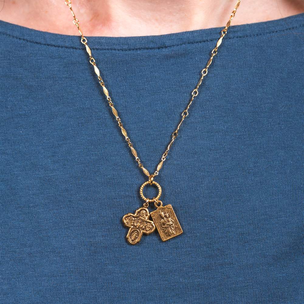 Gold Scapular & 4-Way Cross Necklace
