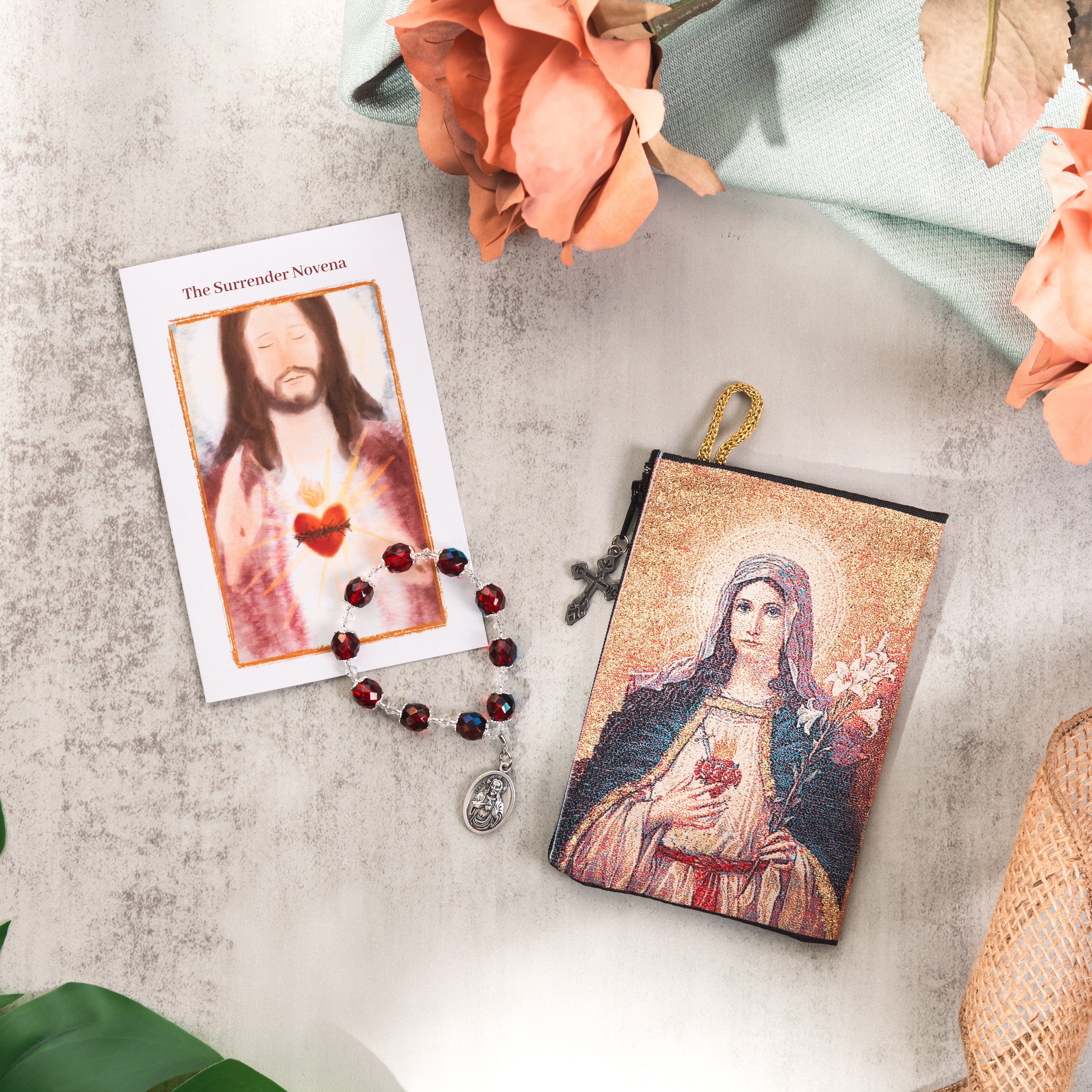 Czech Crystal Surrender Novena Chaplet & Sacred Heart & Immaculate Heart Rosary Pouch (Gift Set)