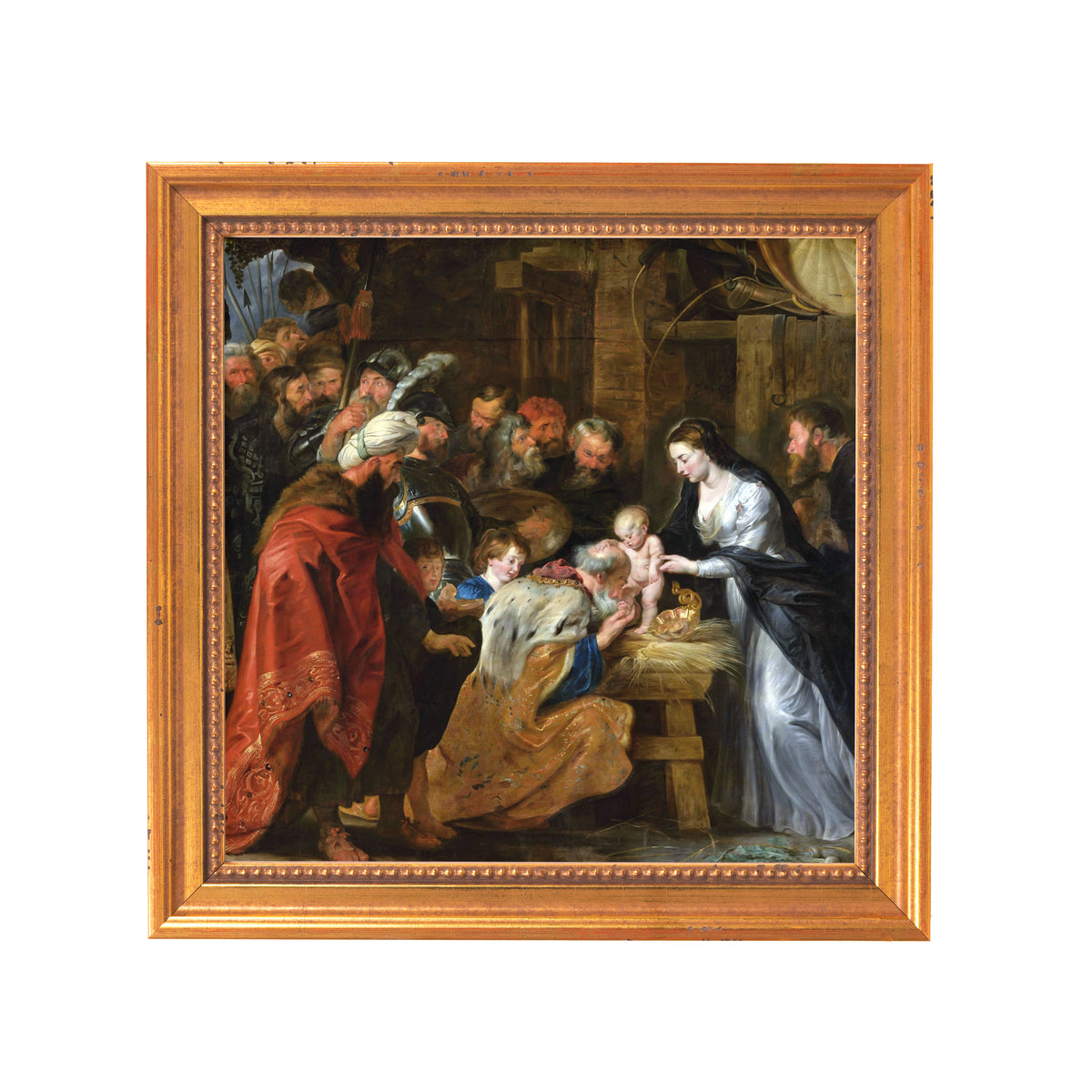 Oil painting: Adoration of the Magi scene in a gold frame; rich colors and intricate detail.