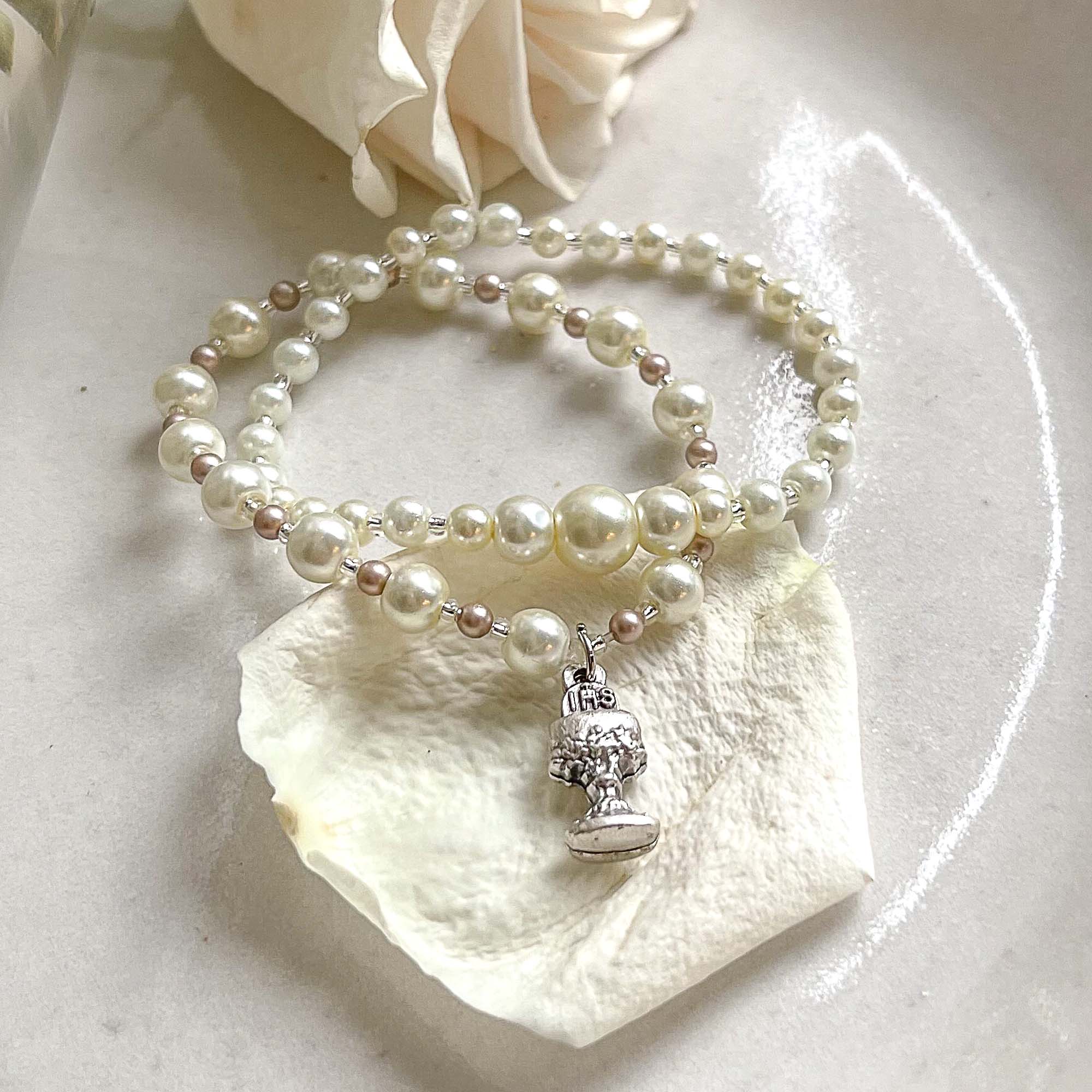 Two-Tone Pearl & Silver First Communion Bracelet Set