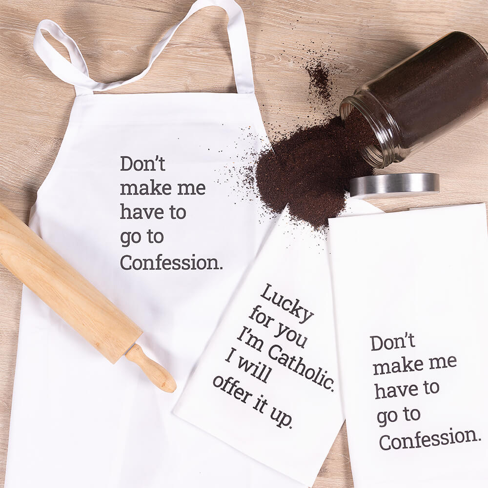 Catholic Humor Dishtowels & Apron Gift Set - 3 Pieces