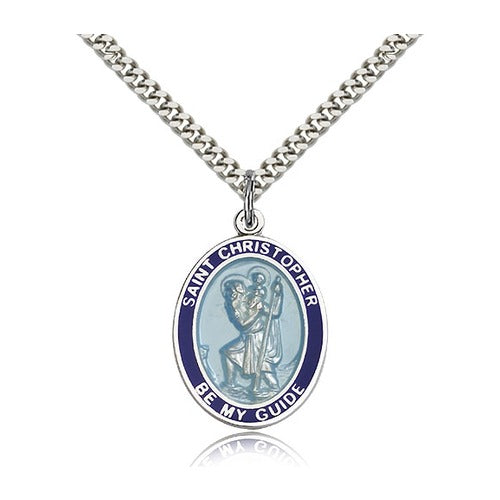 Sterling Silver St. Christopher Blue Border Pendant w/ chain