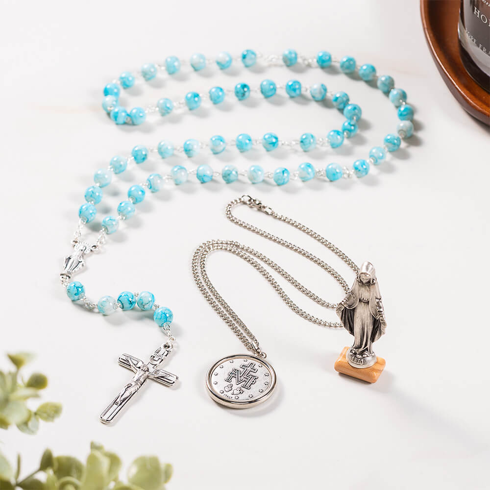 Miraculous Medal Rosary, Necklace, & Figurine Gift Set