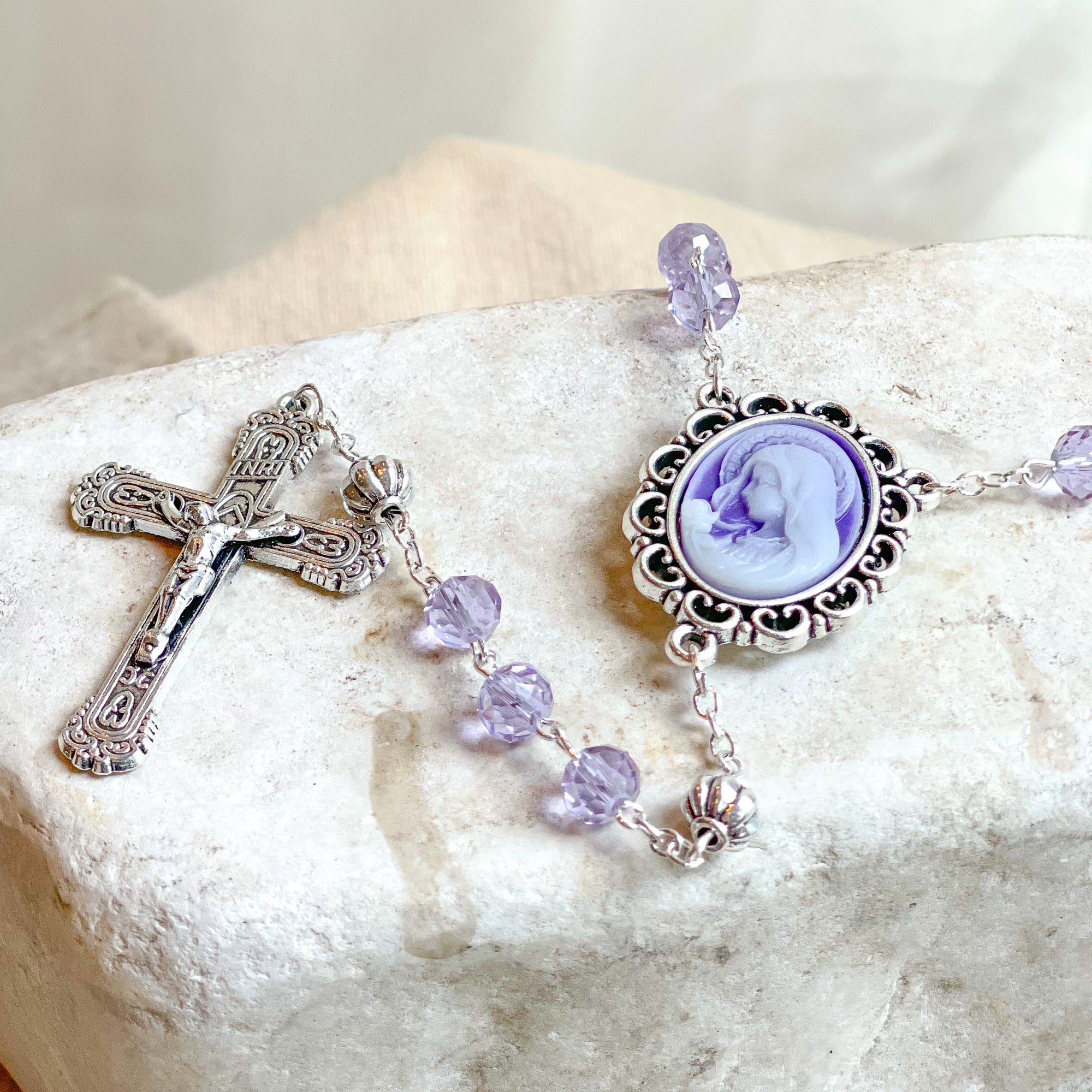 Purple Cameo Lourdes Water Rosary