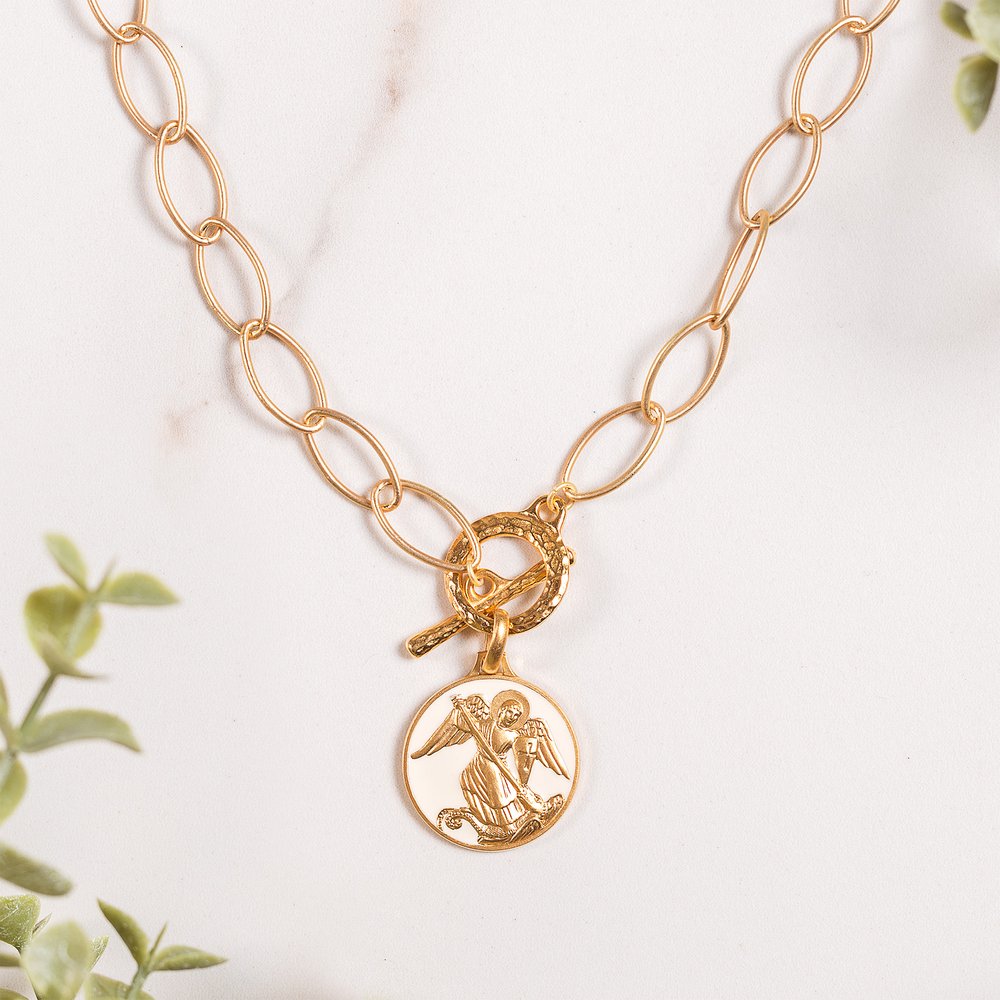Handcrafted White Enamel St. Michael Necklace