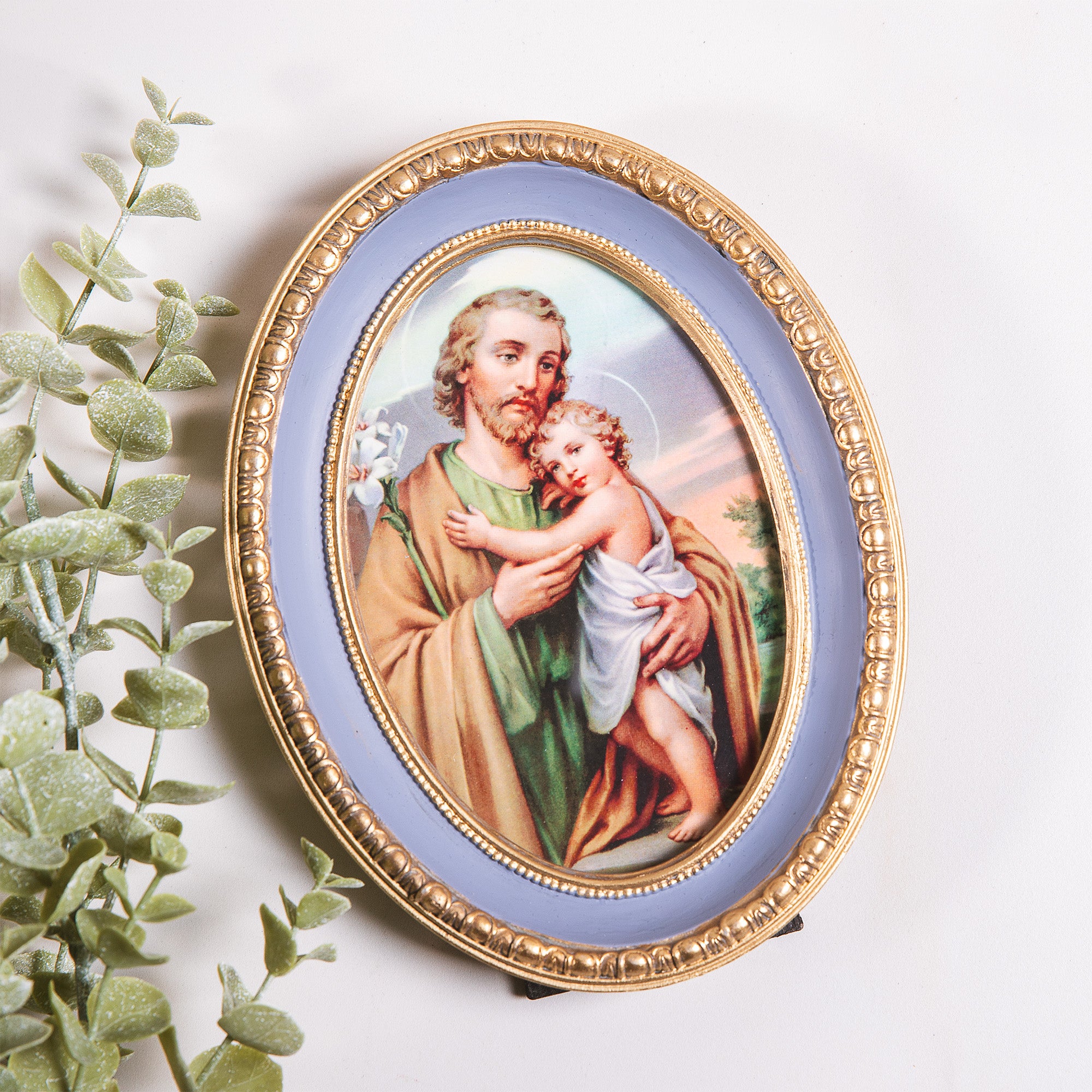 St. Joseph & Child Jesus Print in Blue Oval Frame - 7.5" x 5.5"