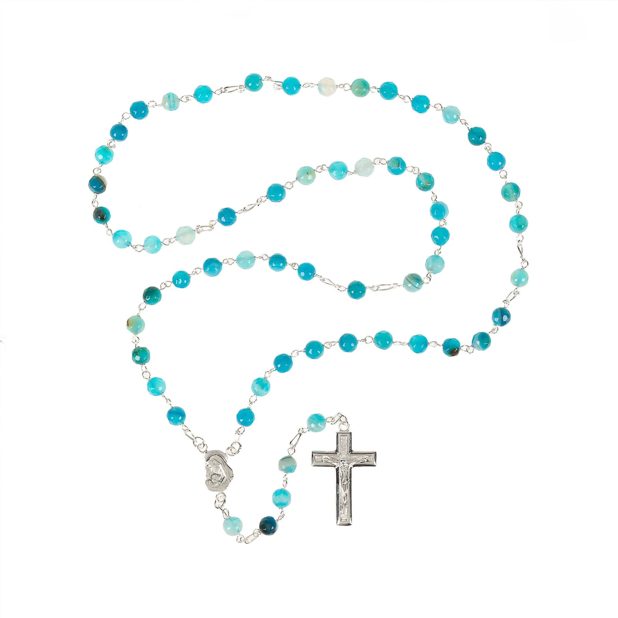 Rosary with blue agate beads, silver chain, and crucifix.