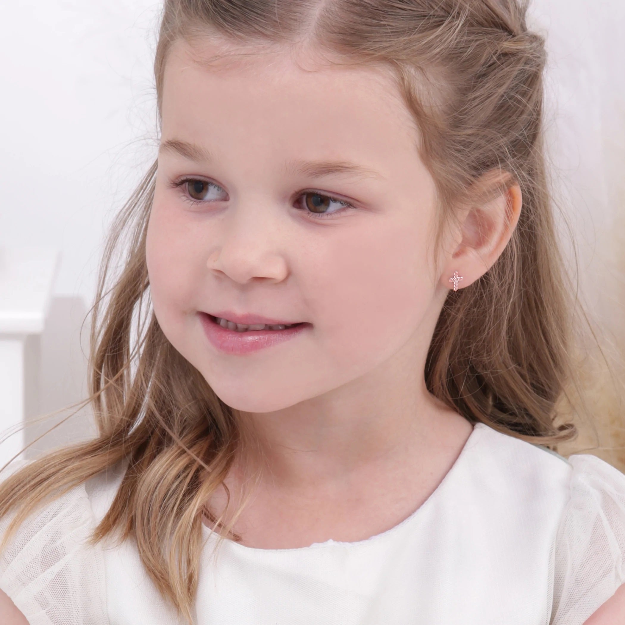 Girl's Sterling Silver & Pink Cubic Zirconia Cross Earrings