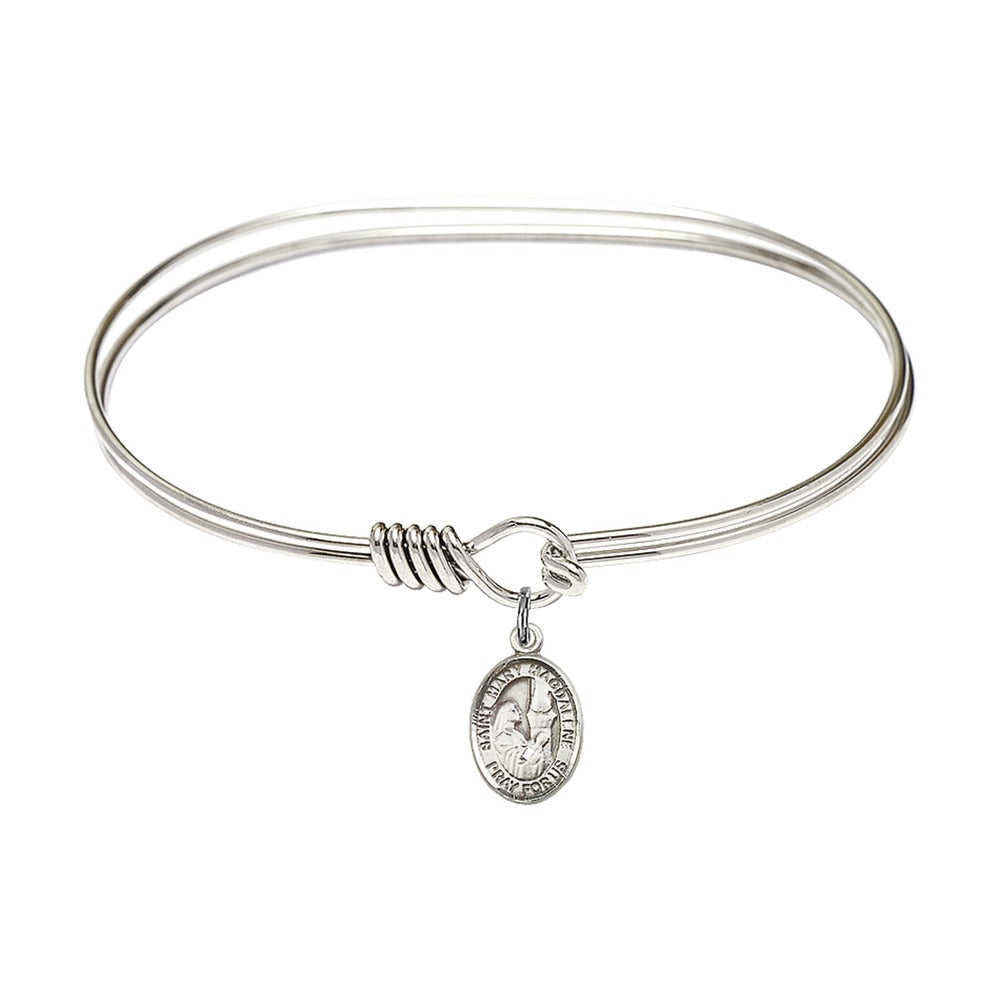 Adult 7" Oval Rhodium Plated Bangle Bracelet with St. Mary Magdalene Medal Charm
