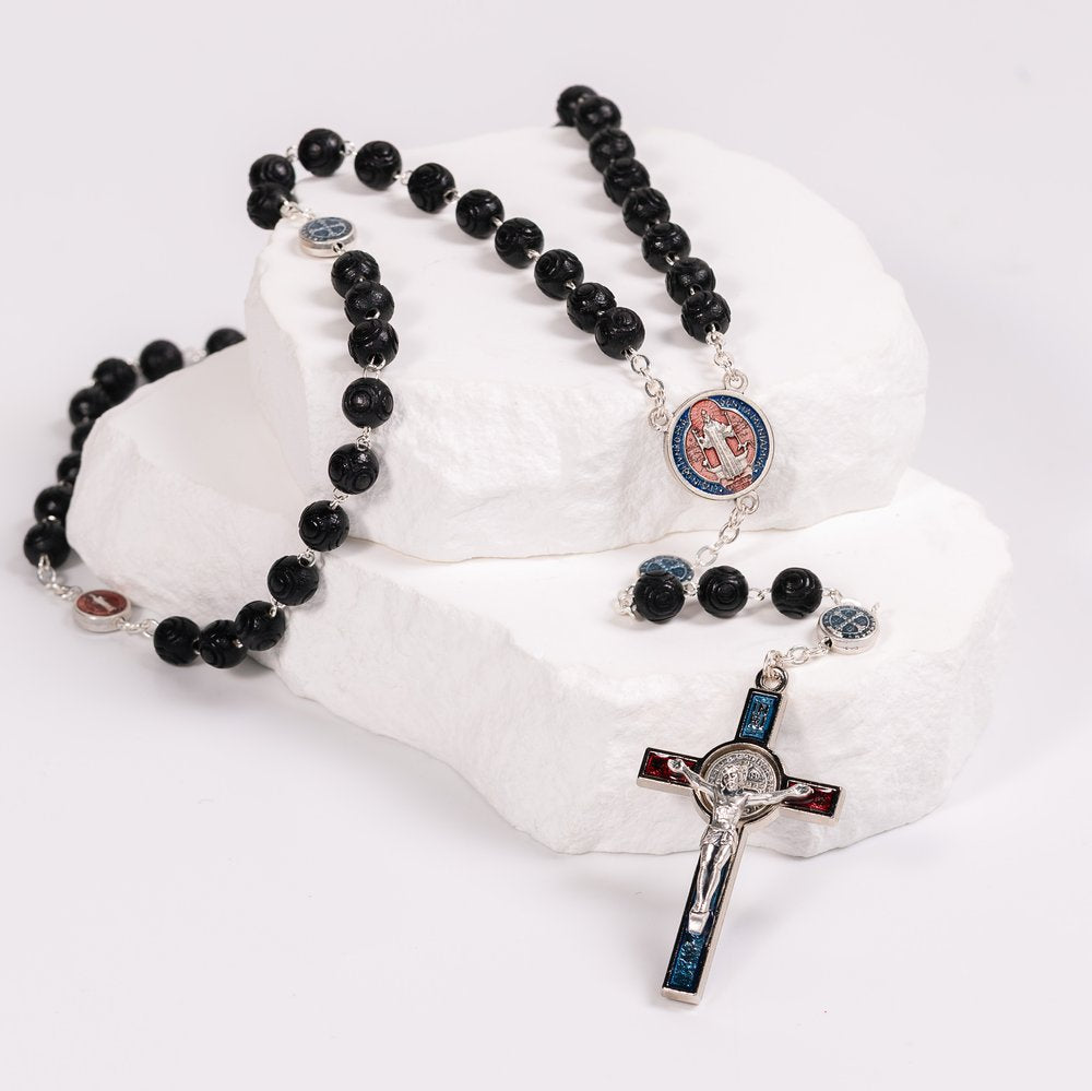 Black Carved Bead St. Benedict Rosary with Blue Enamel Accents