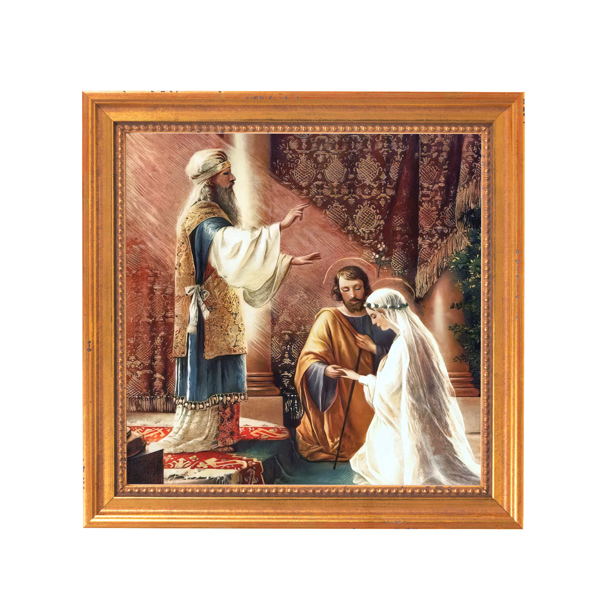 Framed print depicts wedding scene, gold wooden frame.