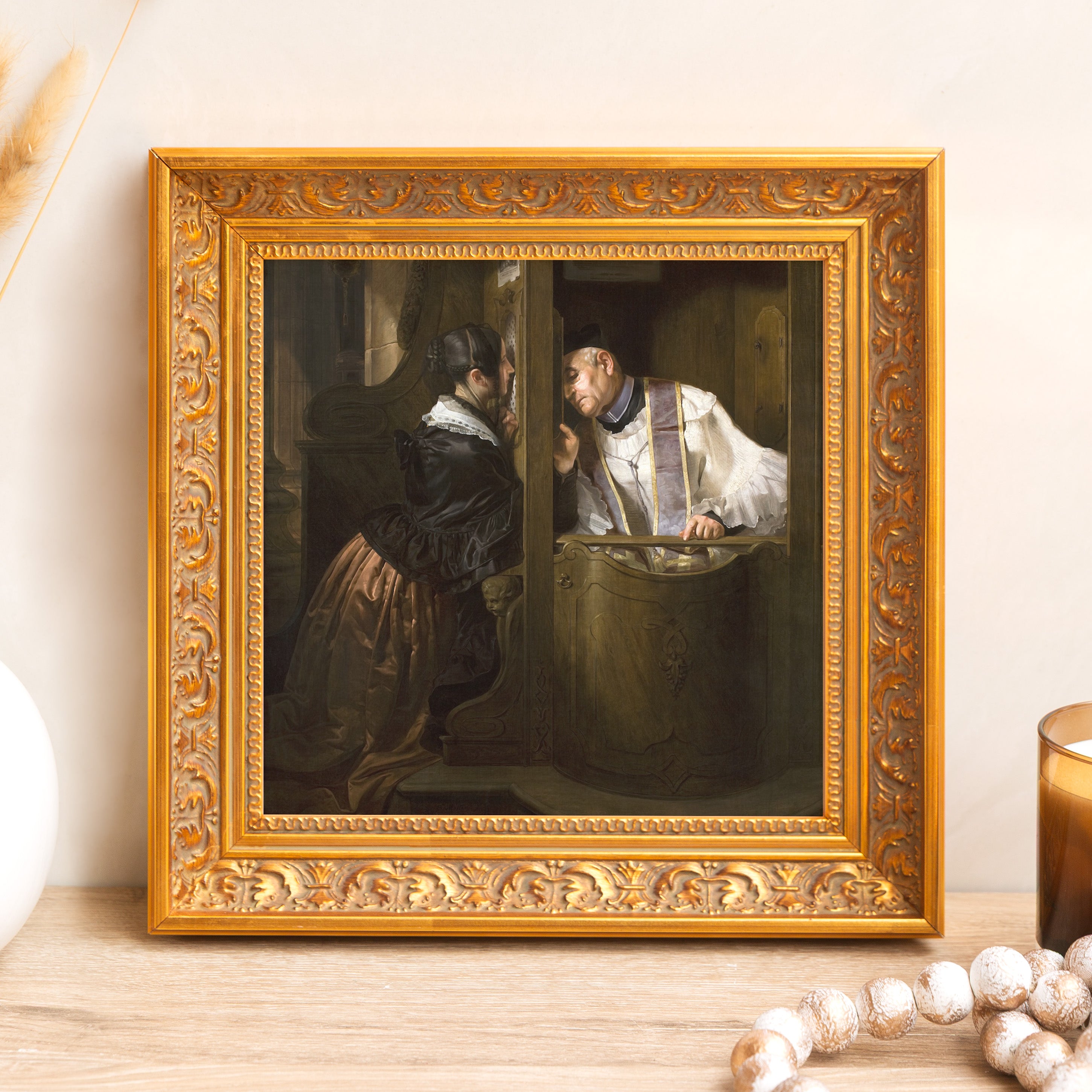 Framed print depicts confession, ornate gold frame, vintage style.