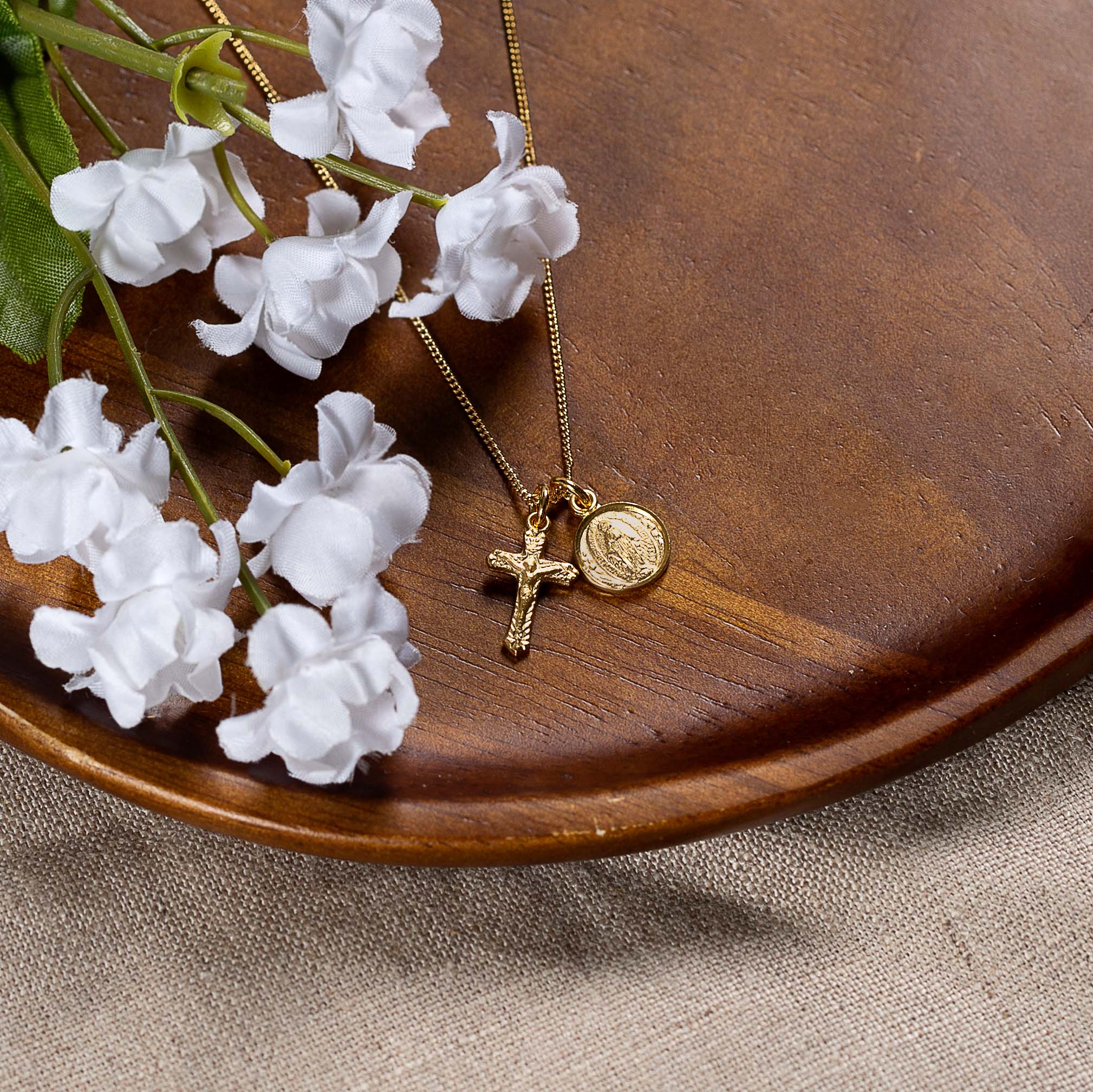 Gold Plated Round Miraculous Medal & Petite Crucifix Necklace