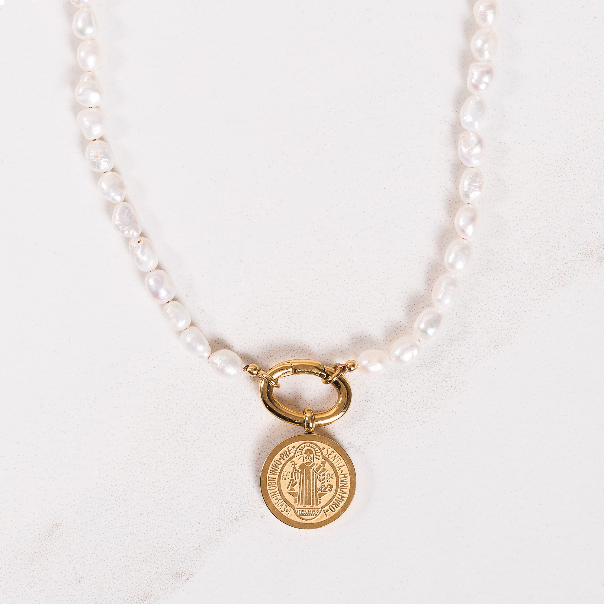 Freshwater Pearl & Gold St. Benedict Medal Necklace - Small or Large