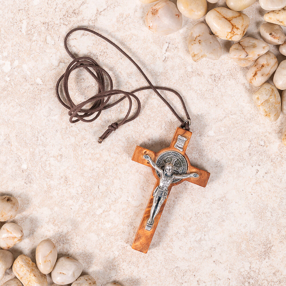 Olive Wood St. Benedict Crucifix Corded Necklace | The Catholic