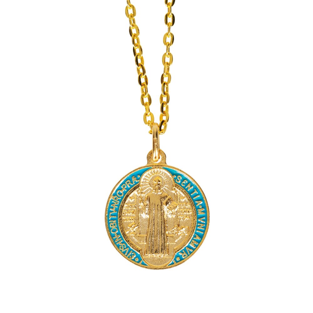 St. Benedict Gilt Gold and Aqua Medal - 24" Chain