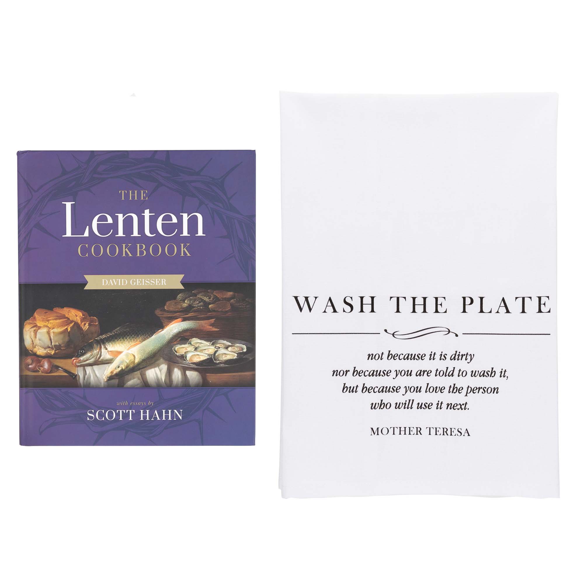 The Lenten Cookbook & Watercolor "Don't Worry" Padre Pio Kitchen Towel Set