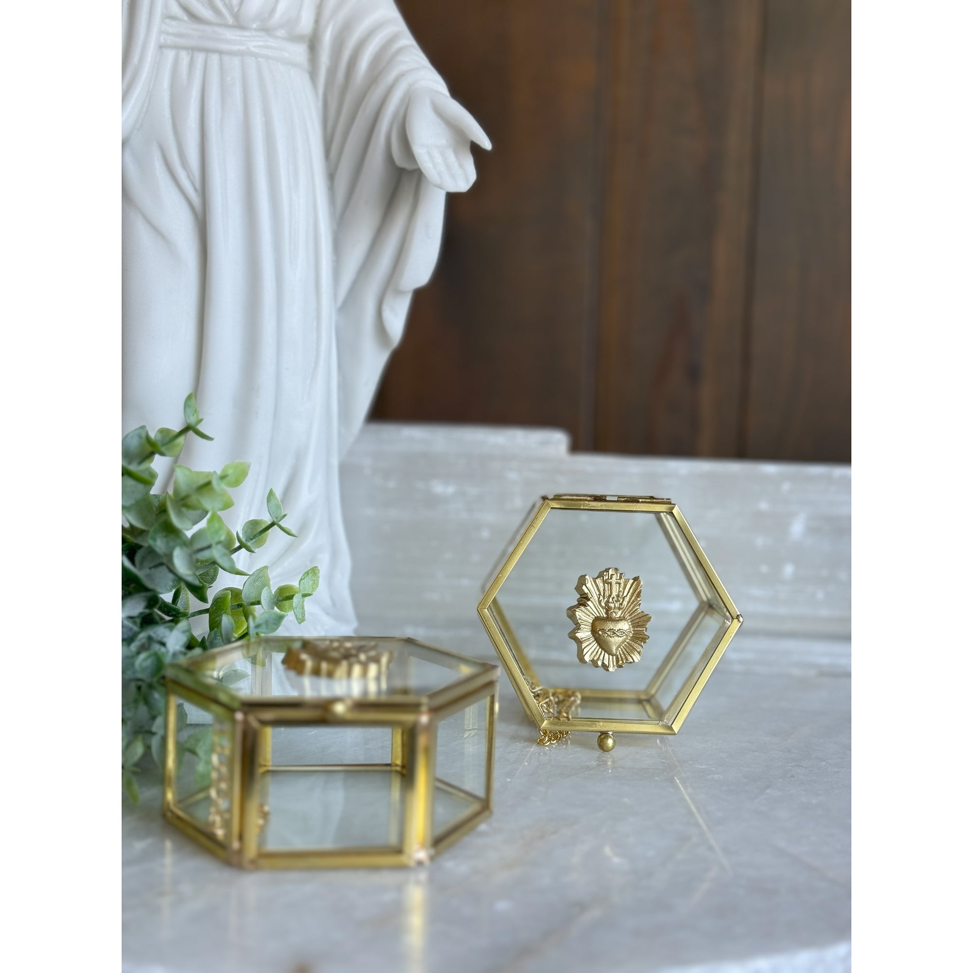 Gold Sacred Heart Glass Rosary Box
