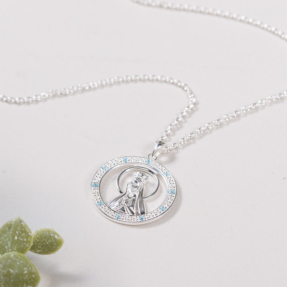 Sterling Silver & Blue Topaz Mary Queen of Heaven Necklace