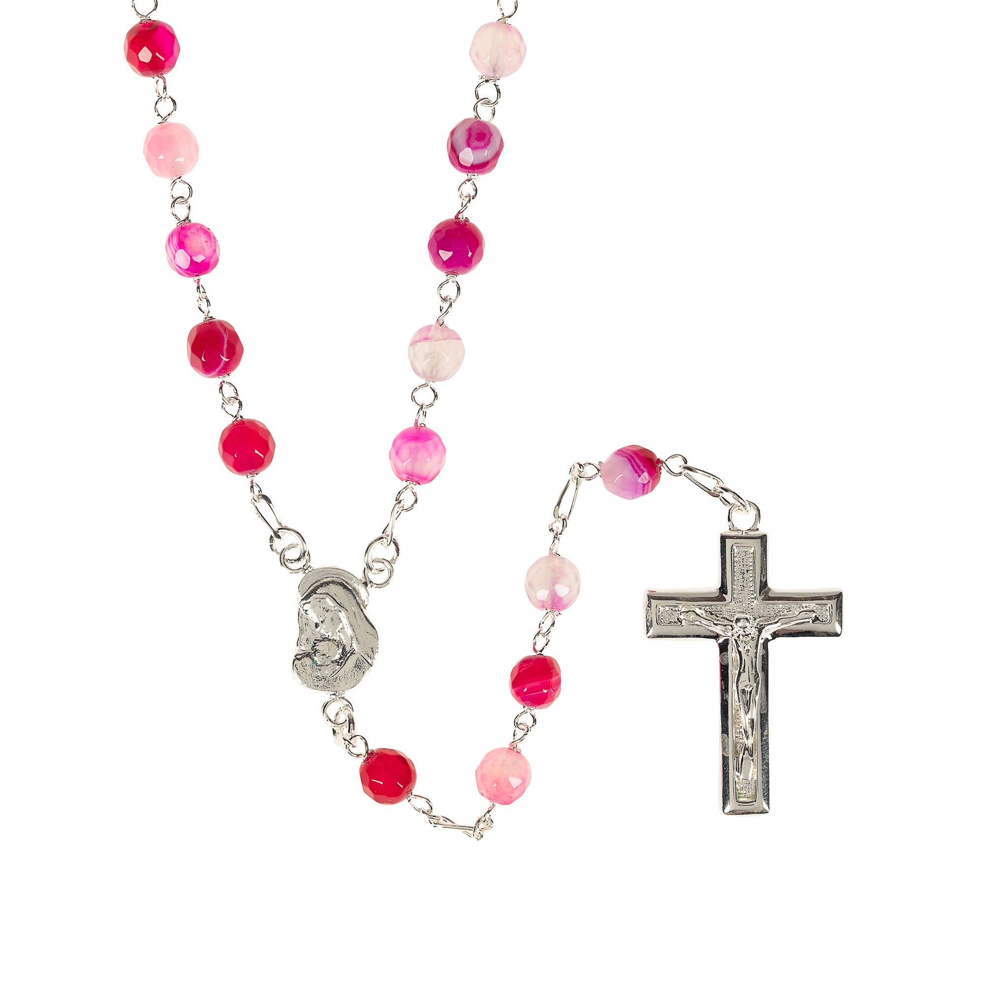 Catholic rosary with pink agate beads, silver crucifix, and centerpiece.