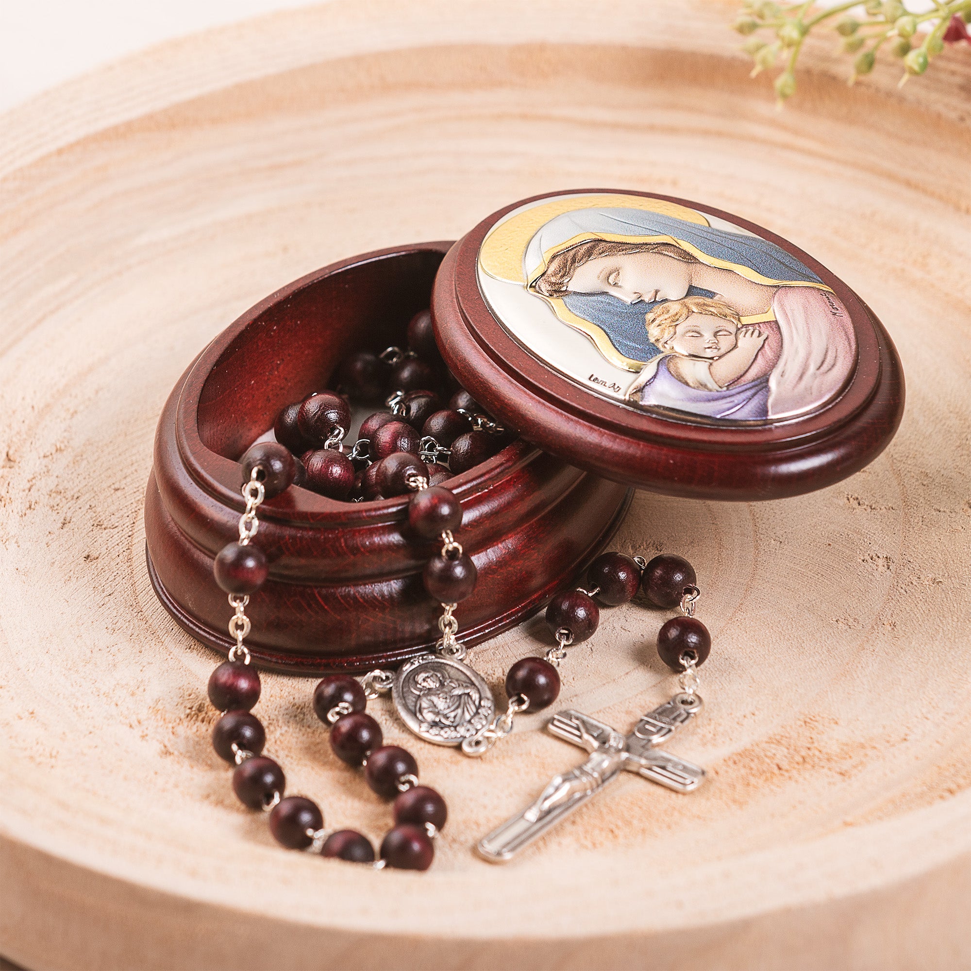 Italian Madonna & Child Rosary Box & Rosary Set