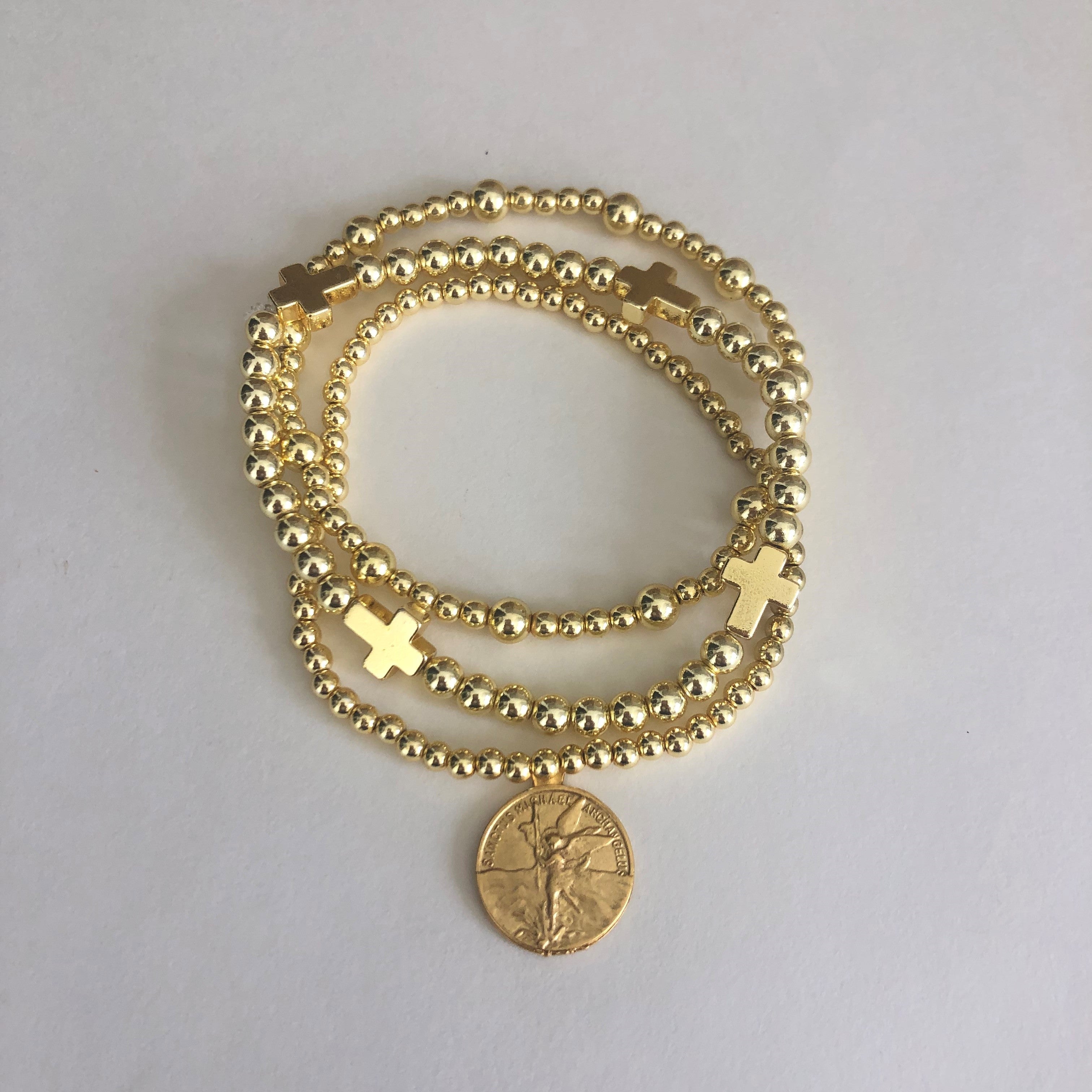St. Michael Gold Cross Bead Bracelets - 3 Piece Set