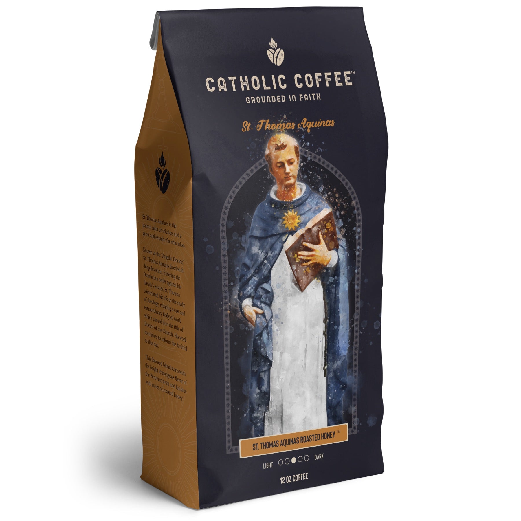 St. Thomas Aquinas Roasted Honey coffee in a black bag with a watercolor image of the saint.