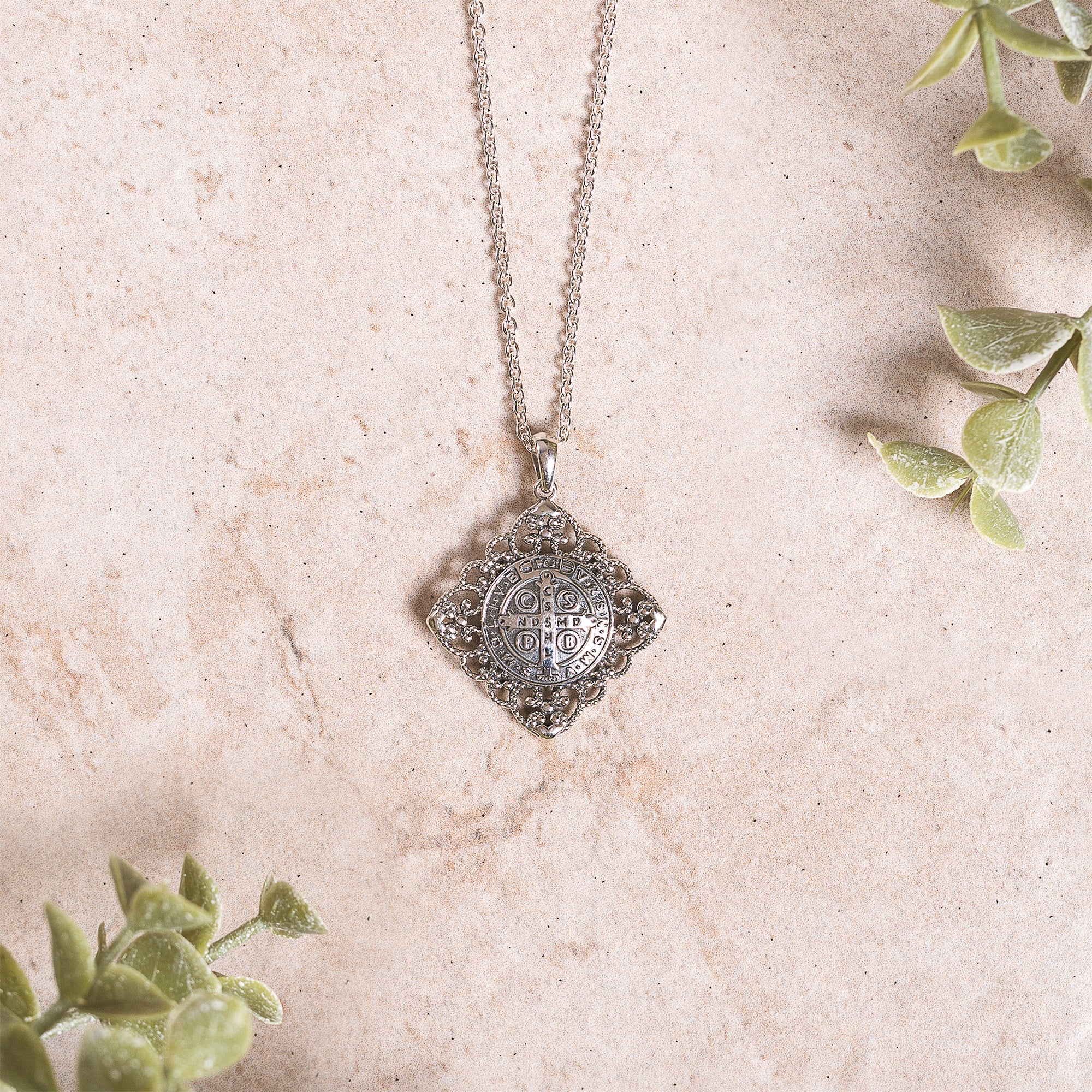 Sterling Vintage Filigree St. Benedict Medal Necklace