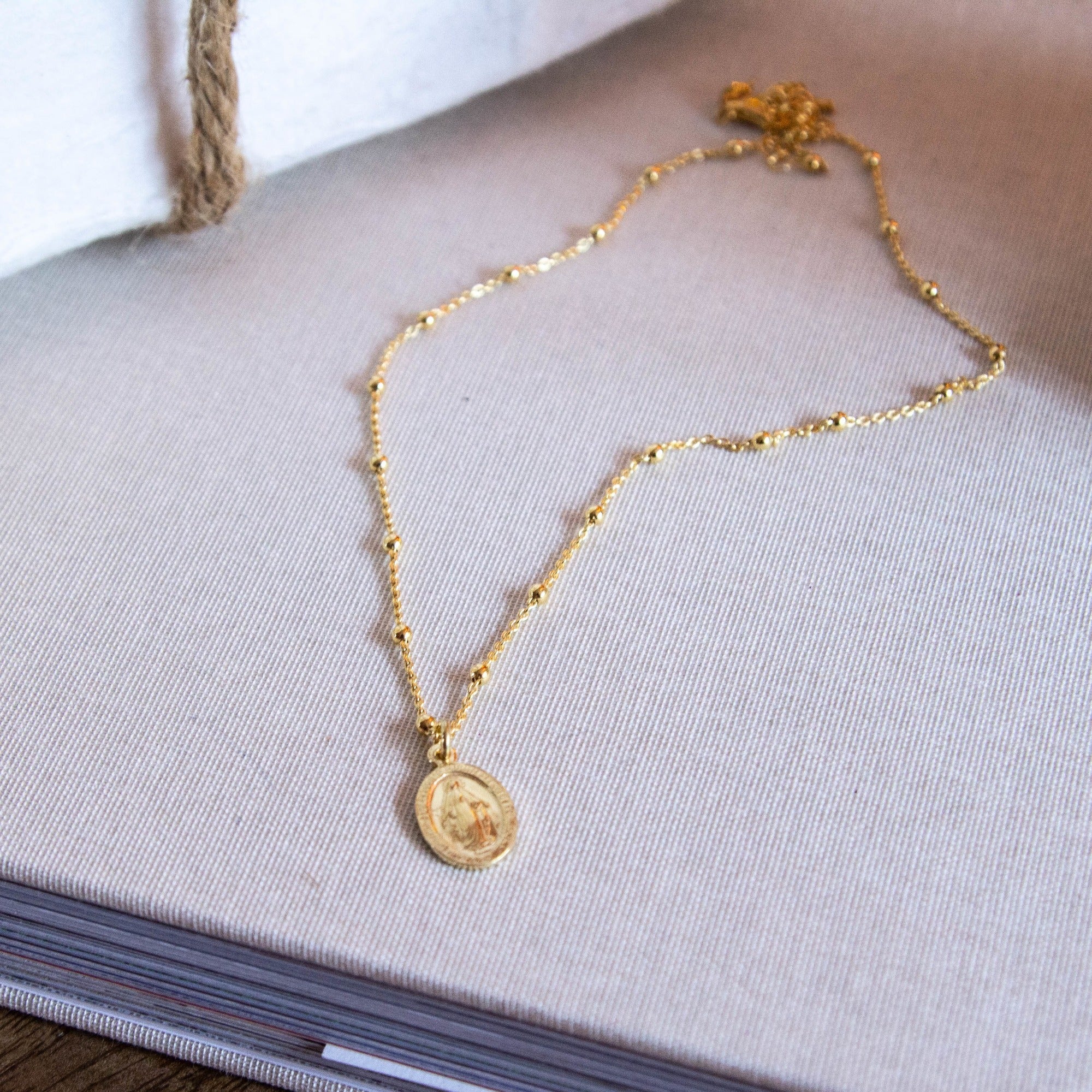 Gold Miraculous Medal Beaded Chain Necklace