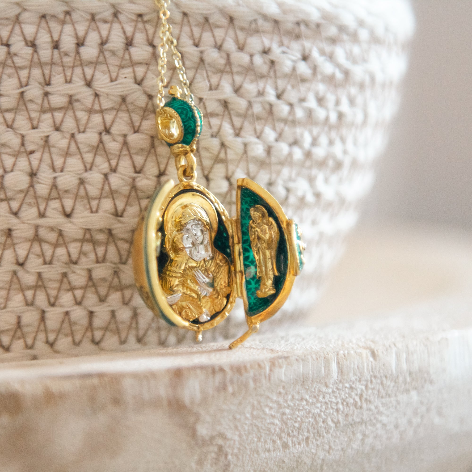 Emerald Green Faberge-Style Egg Locket With Icon and Angels (18" chain)