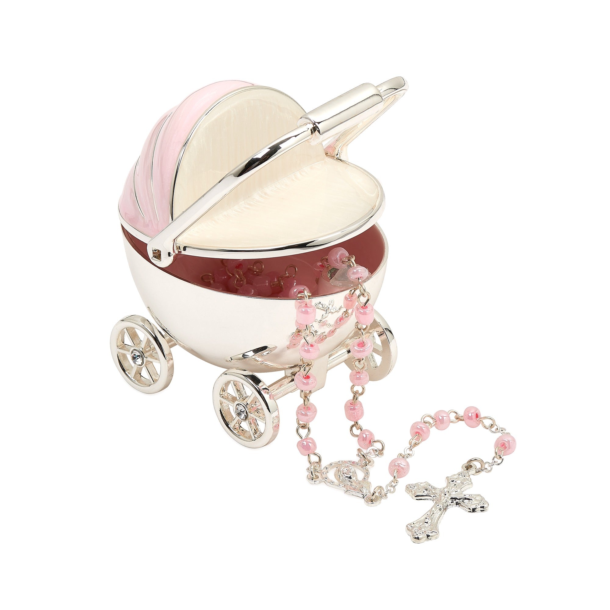 Baby Pink Rosary in Stroller Keepsake Box