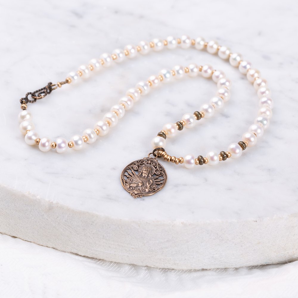 Sacred Heart of Jesus Vintage Pearl Necklace