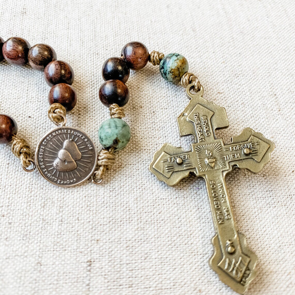 St. Joseph & Two Hearts Wood Bead Corded Rosary
