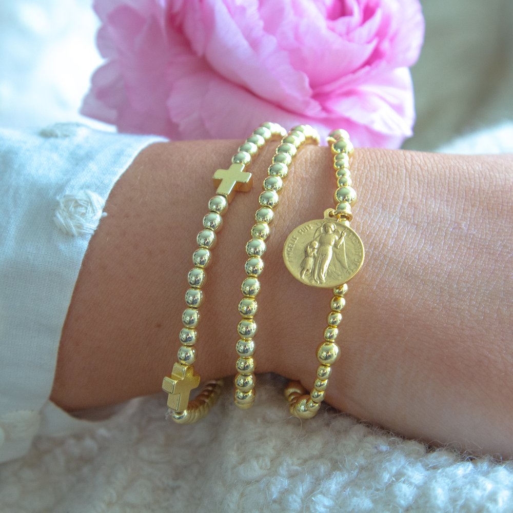 St. Michael Gold Cross Bead Bracelets - 3 Piece Set