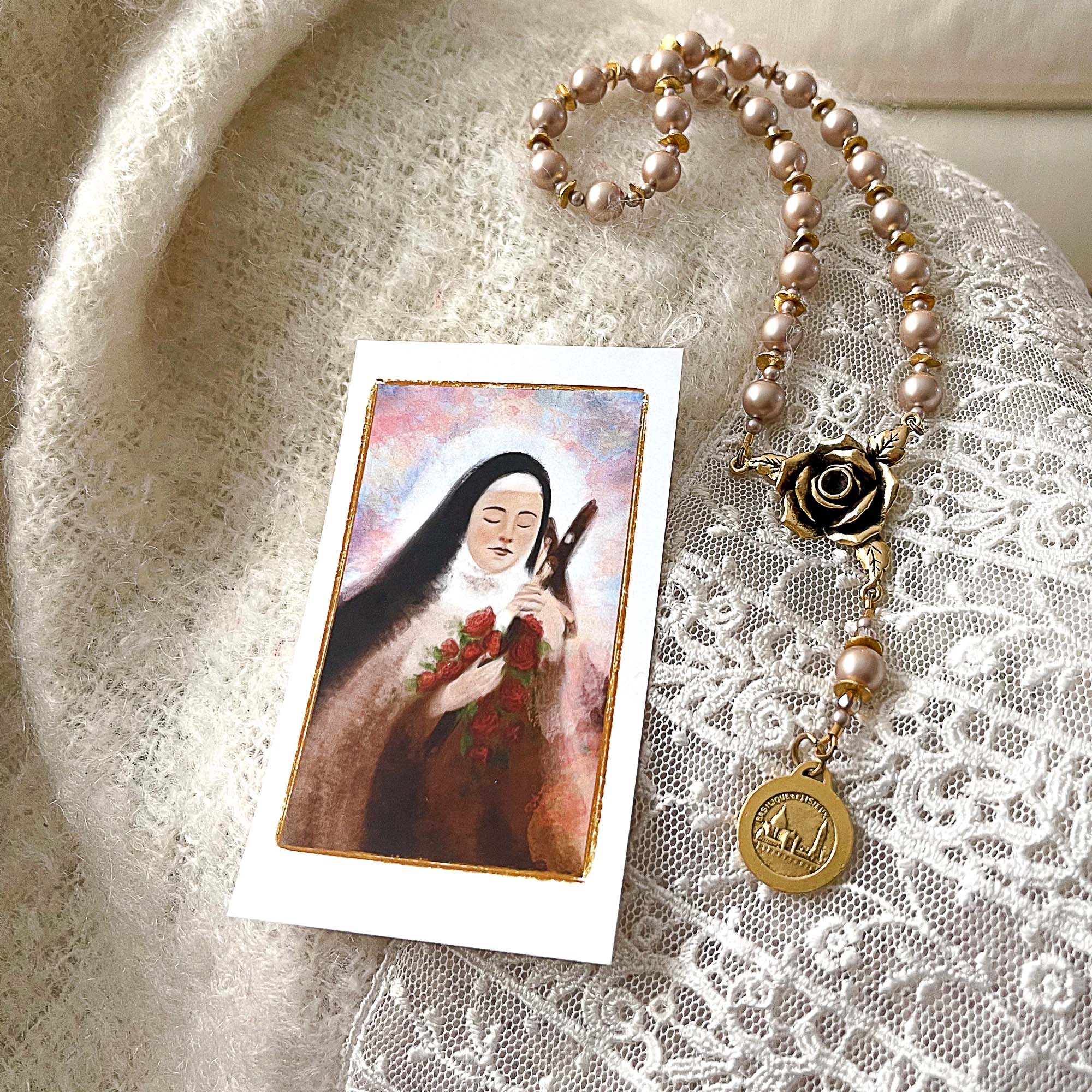 Rose & Antique Gold Chaplet of St. Therese the Little Flower