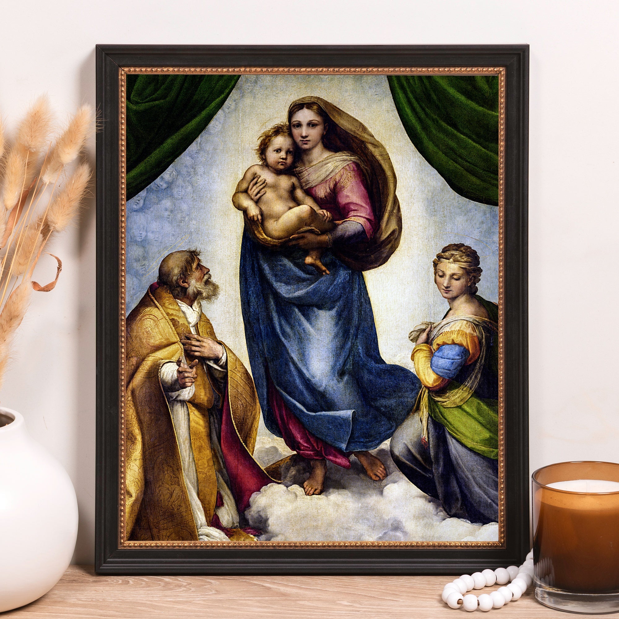 Framed Madonna di San Sisto canvas print with black frame and religious figures in renaissance style.