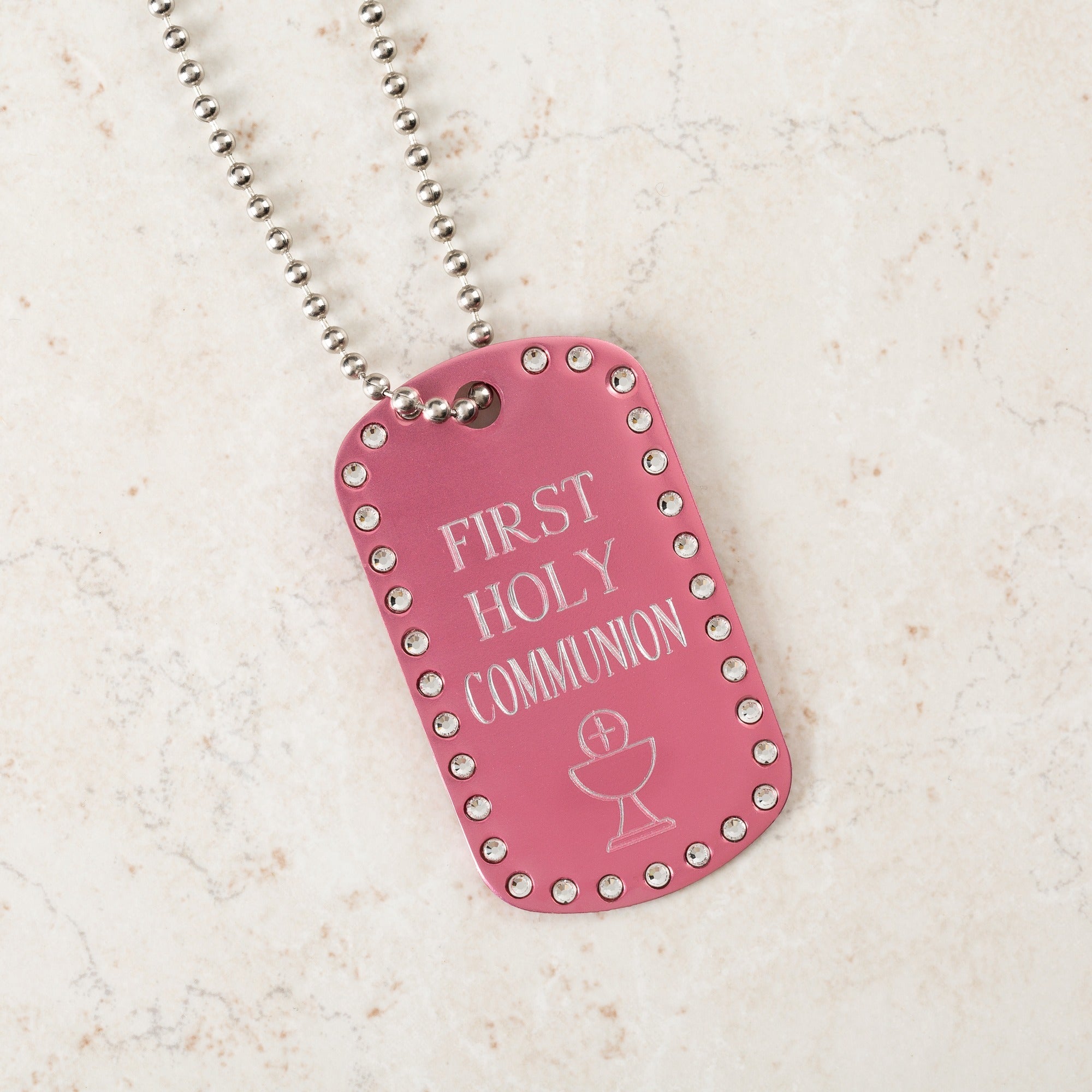 Personalized First Communion Pink Dog Tag Necklace