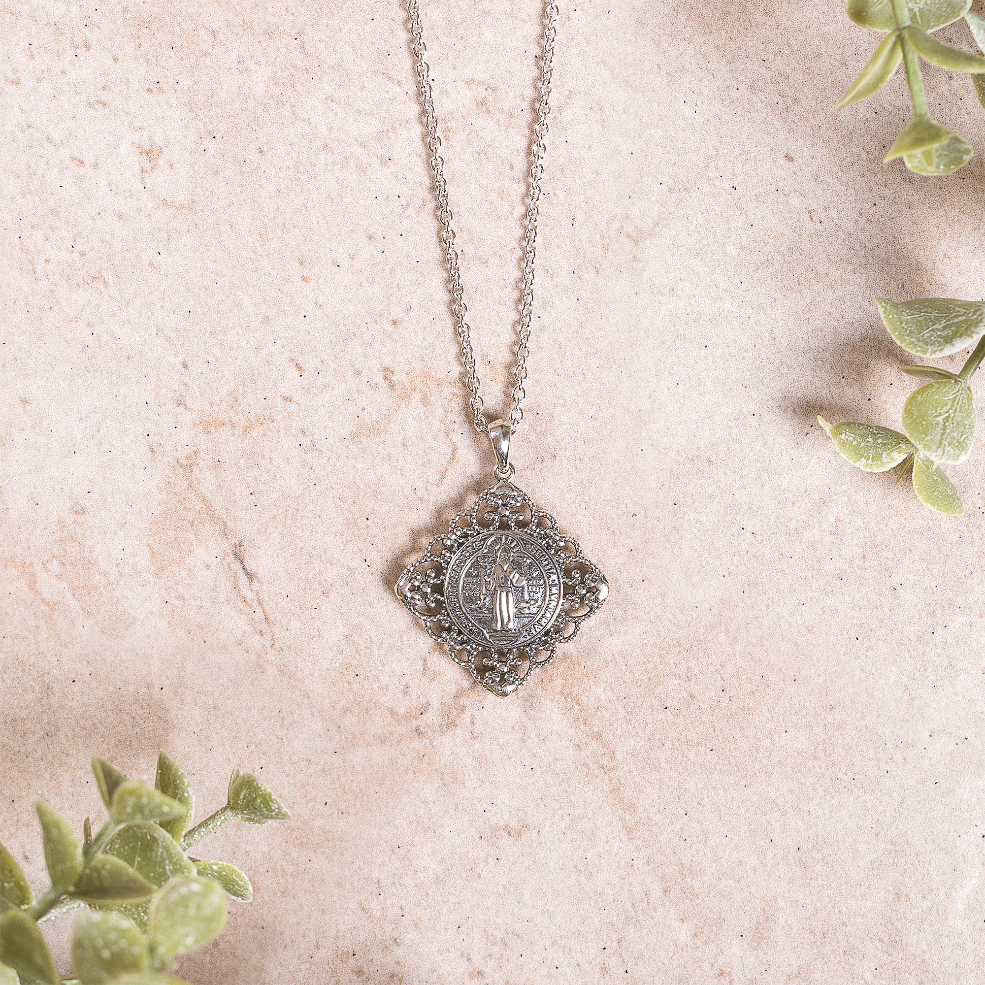 Sterling Vintage Filigree St. Benedict Medal Necklace