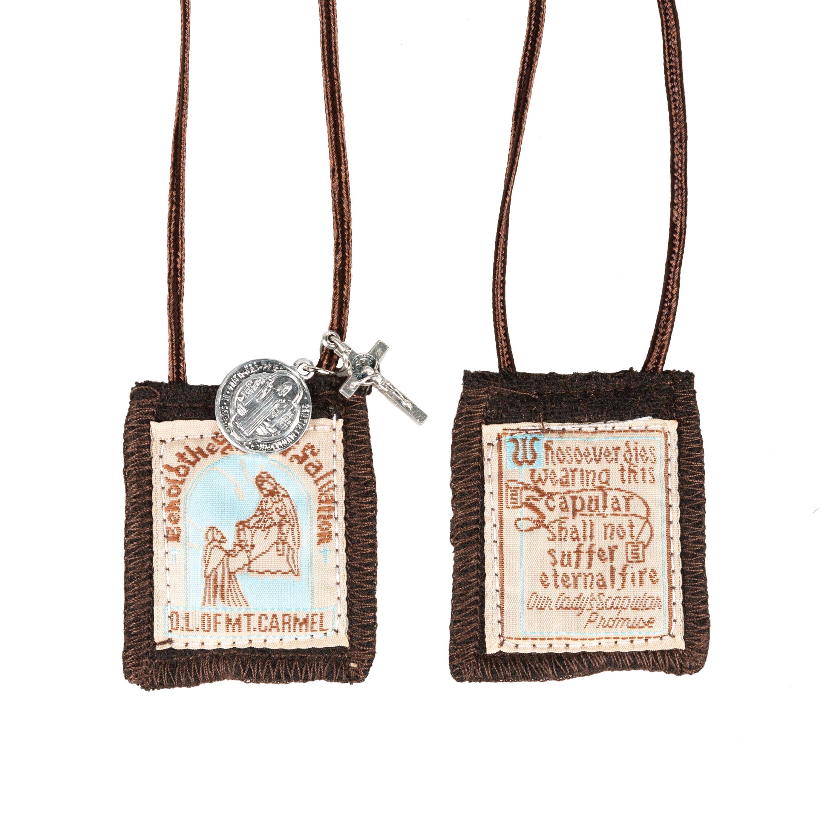 Wool Brown Scapular with Our Lady of Mt. Carmel, Sacred Heart, & St. Benedict - 14" Cord