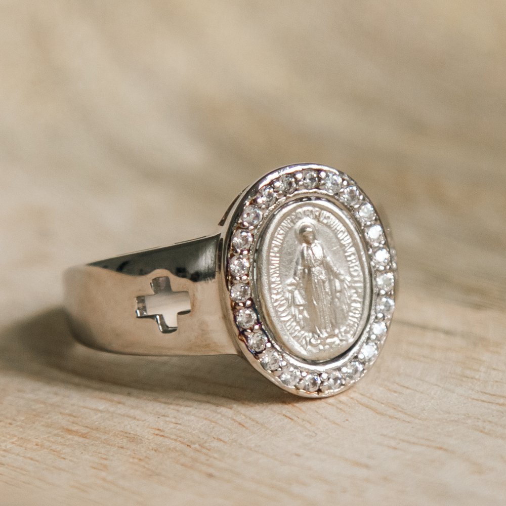 Sterling Silver Miraculous Medal Ring, w/ Crosses
