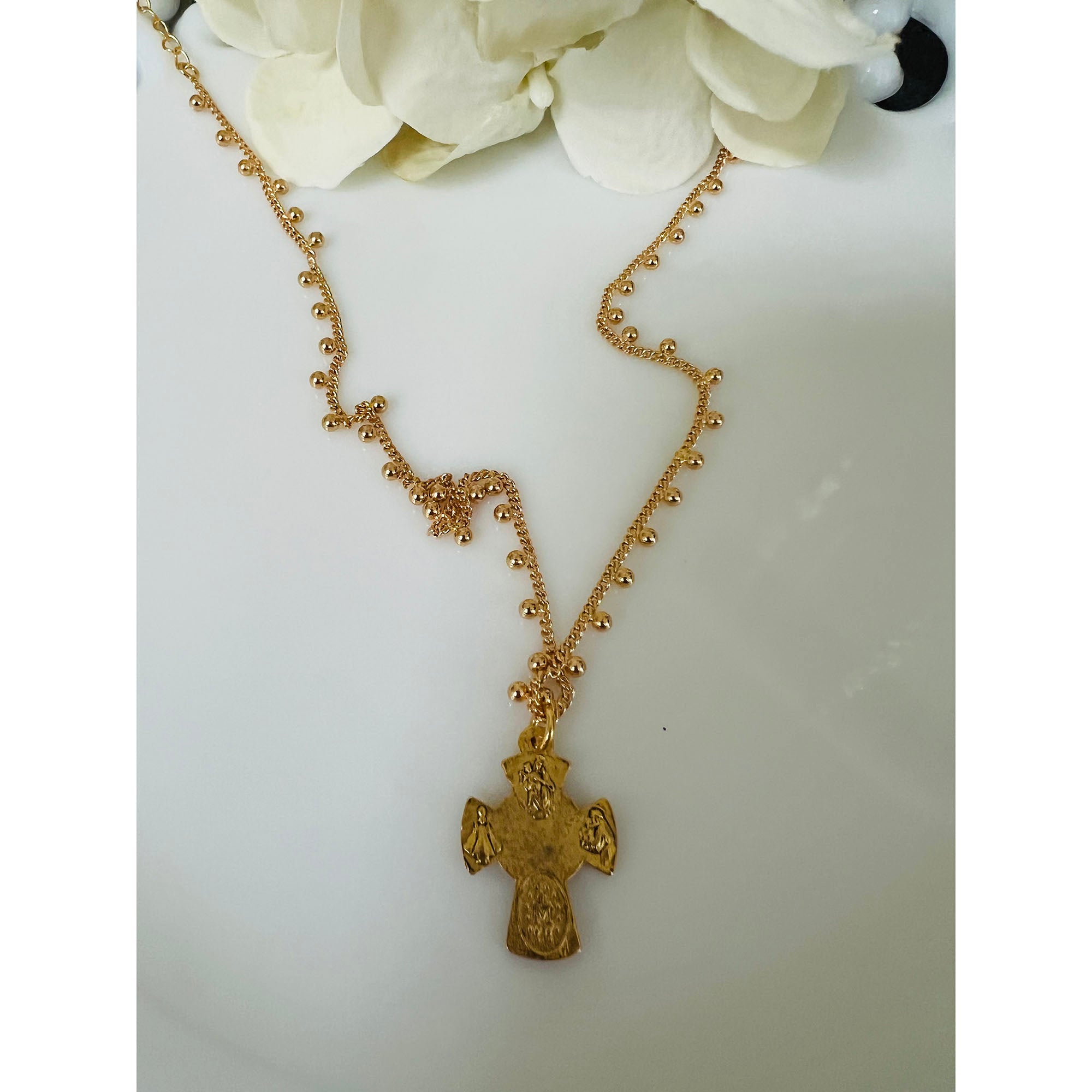 Gold Holy Spirit 4 Way Cross Fringe Necklace