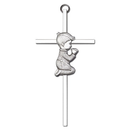 6 inch Antique Silver Praying Boy on a Polished Silver Finish Cross