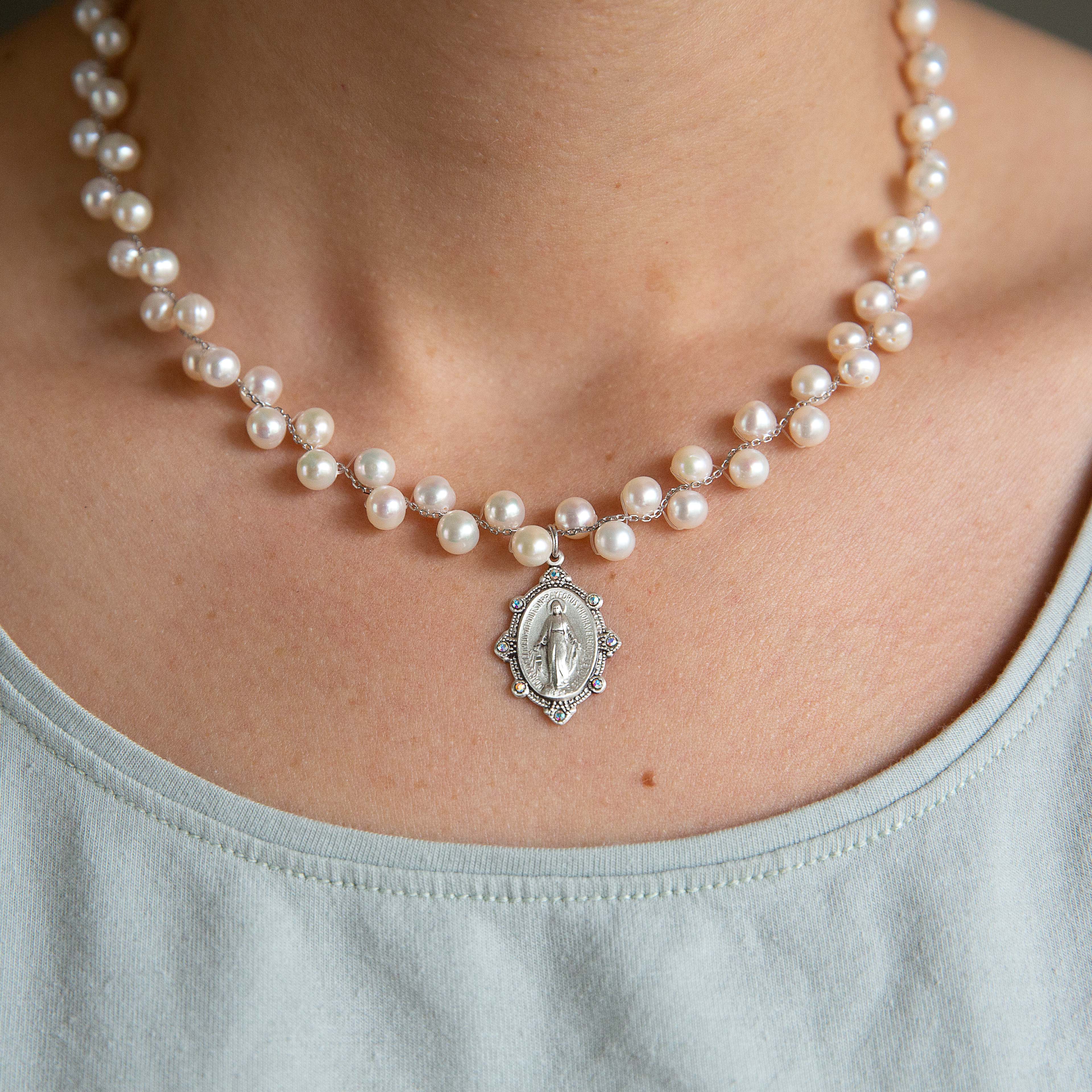 Grapevine Pearl Miraculous Medal Swarovski Necklace