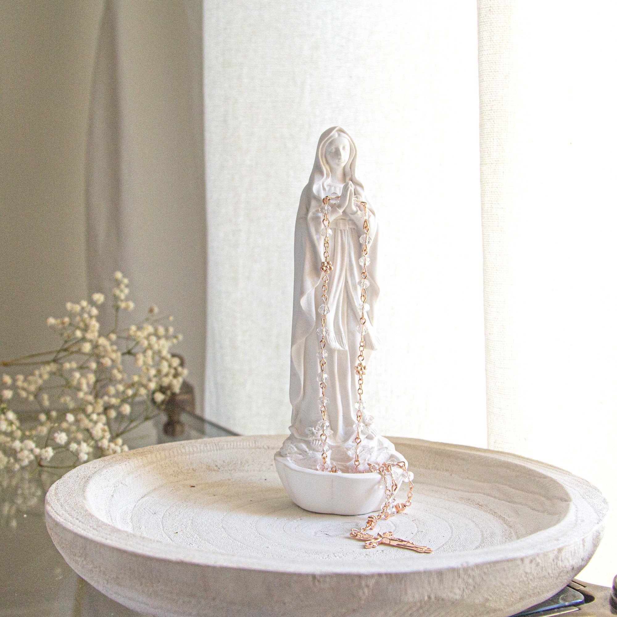 White Madonna Rosary Holder 8"